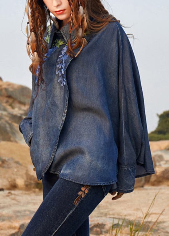 Novelty denim Blue asymmetrical design Peter Pan Collar Embroideried Cotton Top Long Sleeve nz-LTP220304