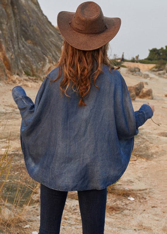 Novelty denim Blue asymmetrical design Peter Pan Collar Embroideried Cotton Top Long Sleeve nz-LTP220304