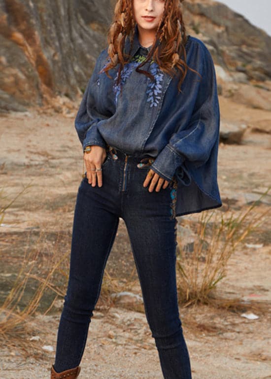 Novelty denim Blue asymmetrical design Peter Pan Collar Embroideried Cotton Top Long Sleeve nz-LTP220304