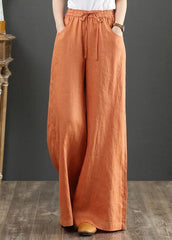 Orange Elastic Waist Linen Straight Pants Solid Color Drawstring Summer GK-LPTS220623