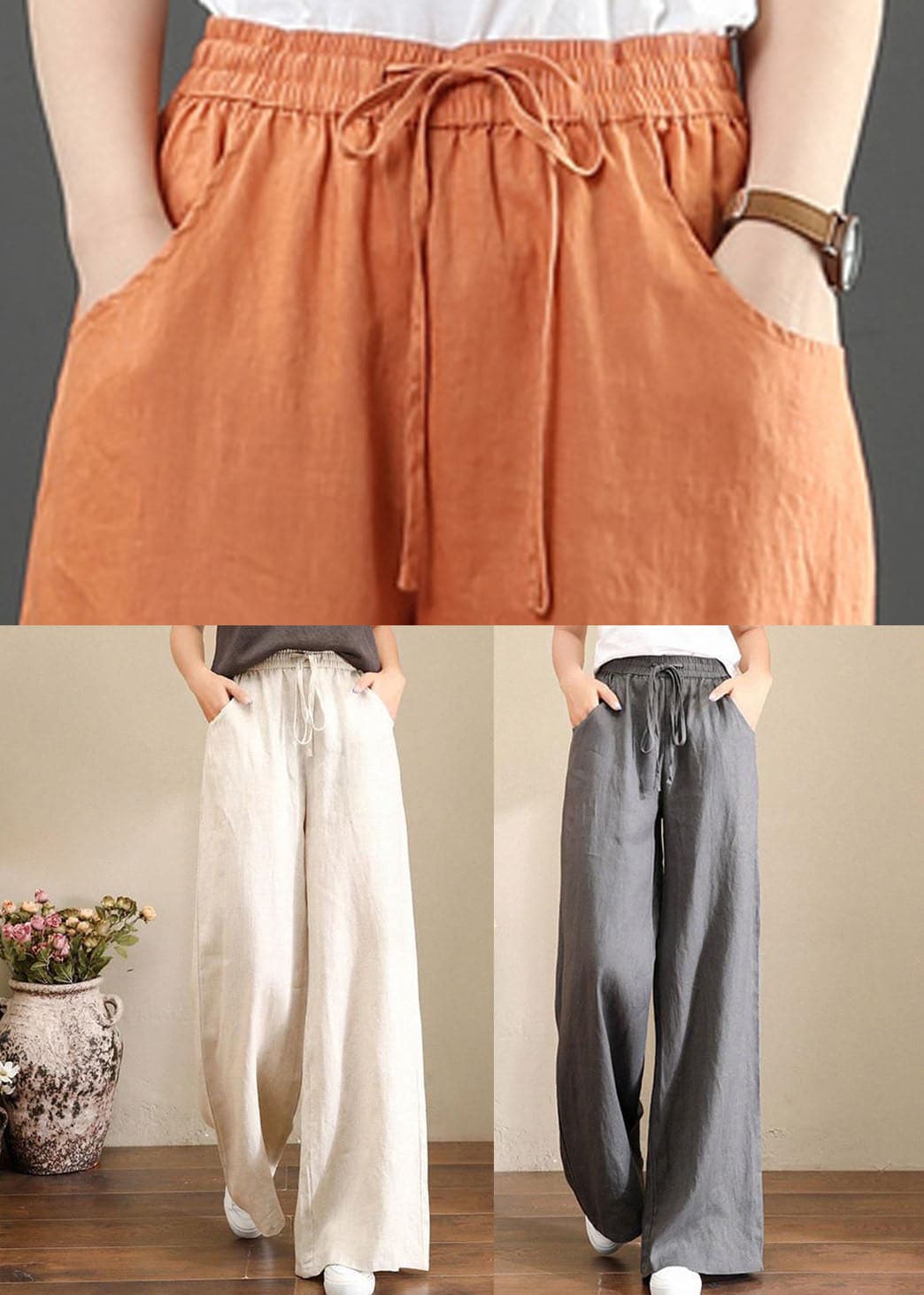 Orange Elastic Waist Linen Straight Pants Solid Color Drawstring Summer GK-LPTS220623