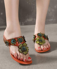 Orange Floral Cowhide Leather Thong Flip Flops JB210617