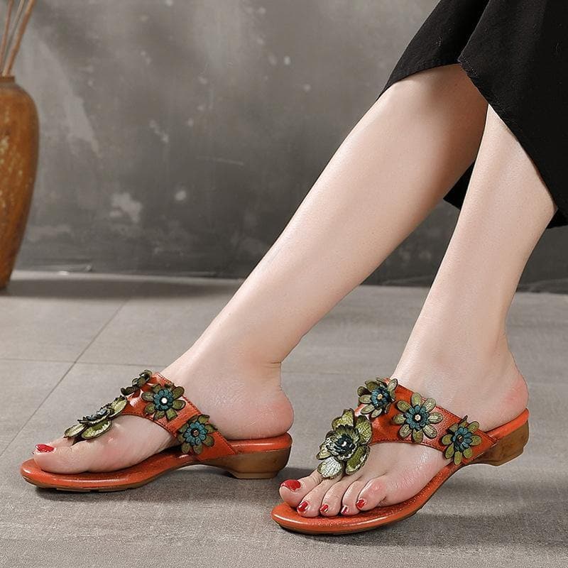 Orange Floral Cowhide Leather Thong Flip Flops JB210617