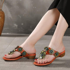 Orange Floral Cowhide Leather Thong Flip Flops JB210617