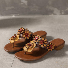 Orange Floral Cowhide Leather Thong Flip Flops JB210617