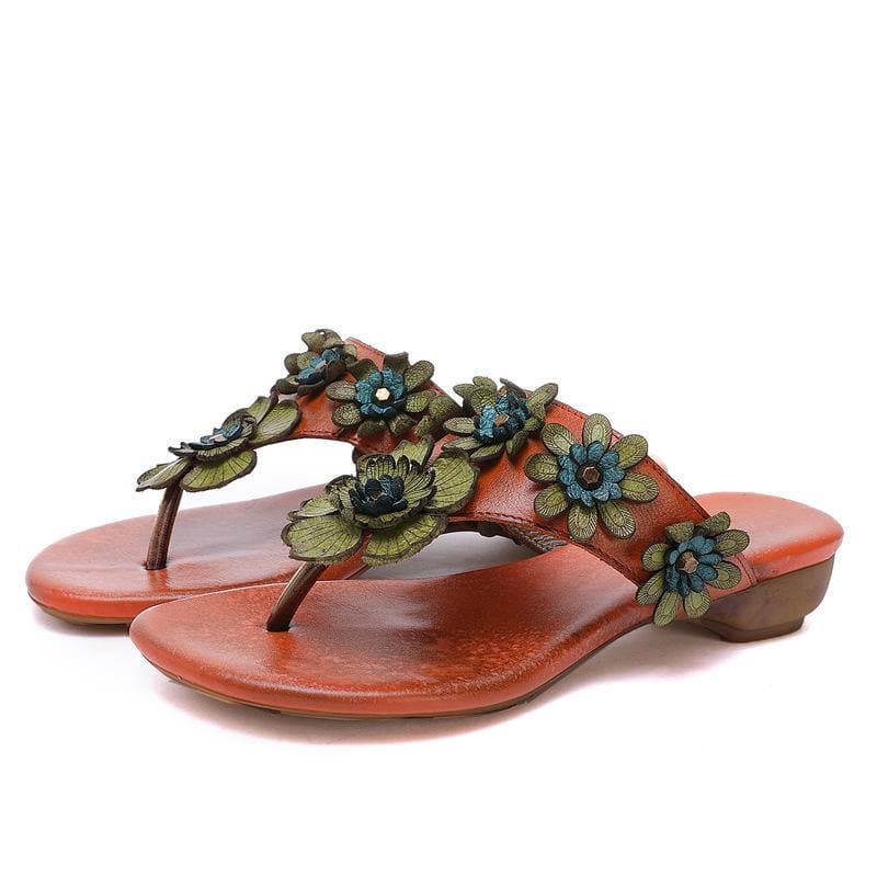 Orange Floral Cowhide Leather Thong Flip Flops JB210617