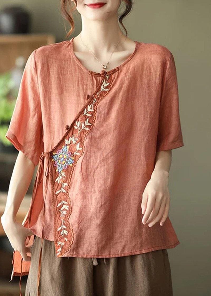 Orange Ramie Women Lace-up Embroidered Irregular Vintage T-shirt GK-STP210709