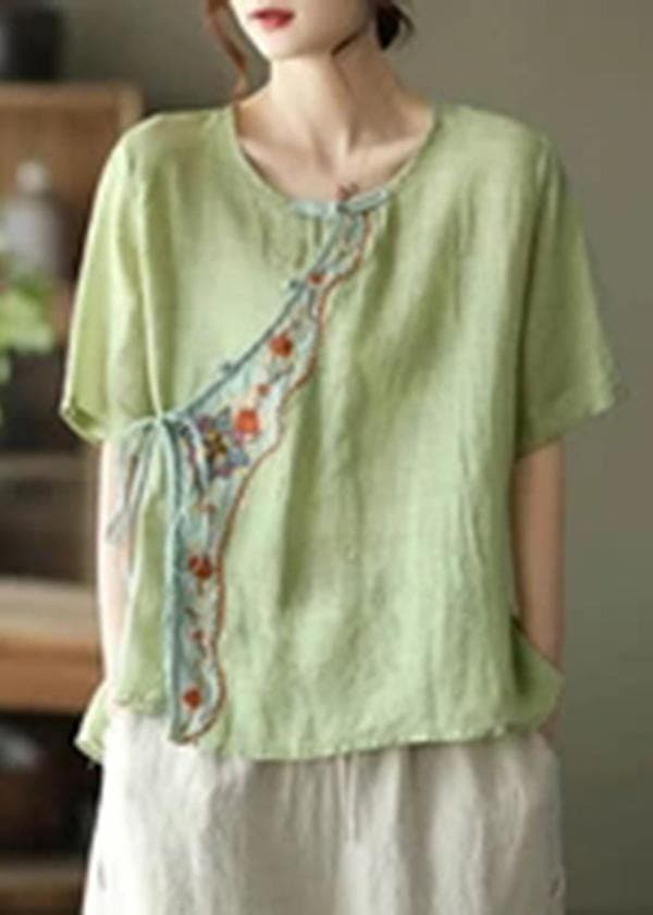 Orange Ramie Women Lace-up Embroidered Irregular Vintage T-shirt GK-STP210709