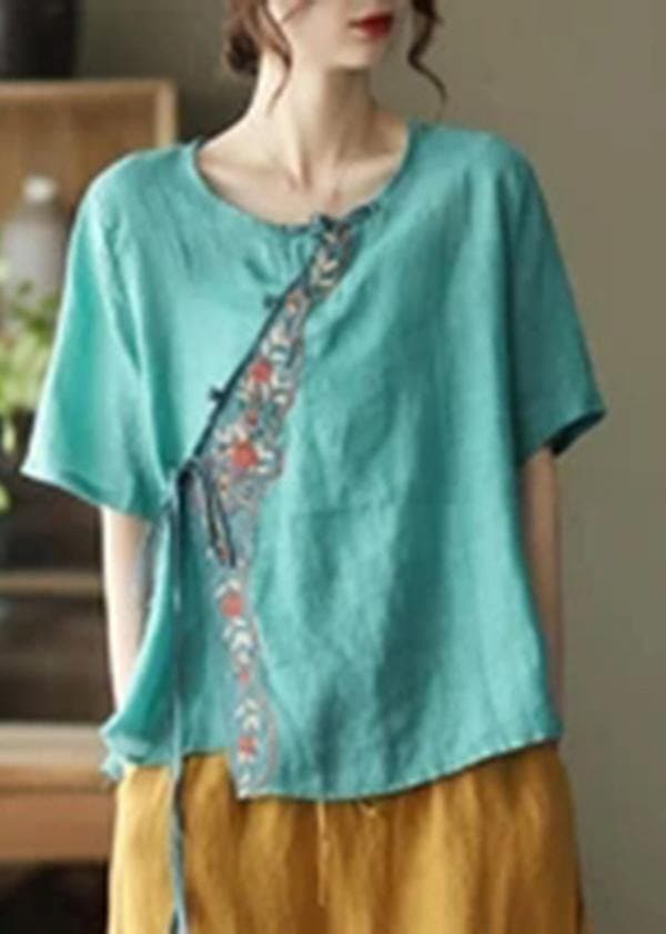 Orange Ramie Women Lace-up Embroidered Irregular Vintage T-shirt GK-STP210709