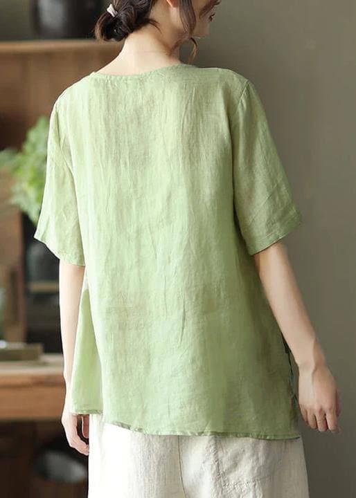 Orange Ramie Women Lace-up Embroidered Irregular Vintage T-shirt GK-STP210709