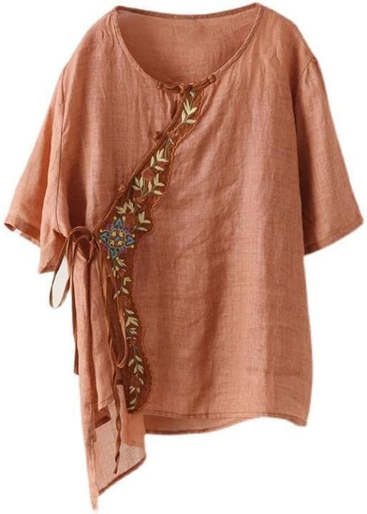 Orange Ramie Women Lace-up Embroidered Irregular Vintage T-shirt GK-STP210709