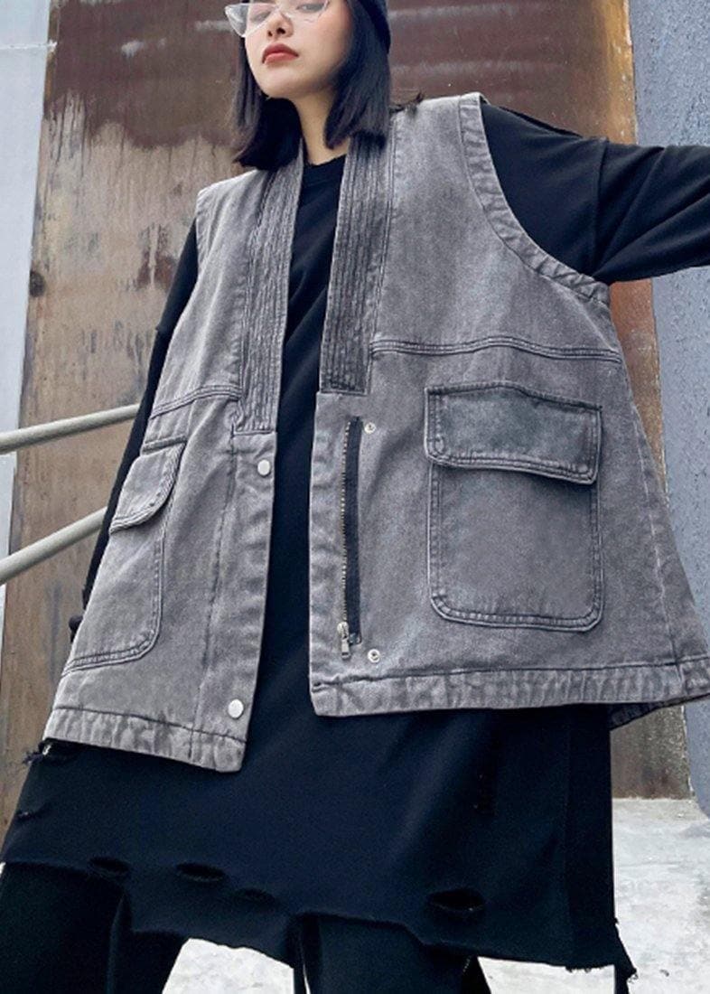 Organic Denim Gray Crane Tops Pockets Spring Tops AT-VTP210127