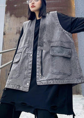Organic Denim Gray Crane Tops Pockets Spring Tops AT-VTP210127
