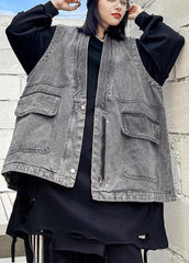 Organic Denim Gray Crane Tops Pockets Spring Tops AT-VTP210127