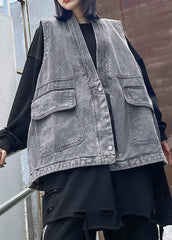 Organic Denim Gray Crane Tops Pockets Spring Tops AT-VTP210127