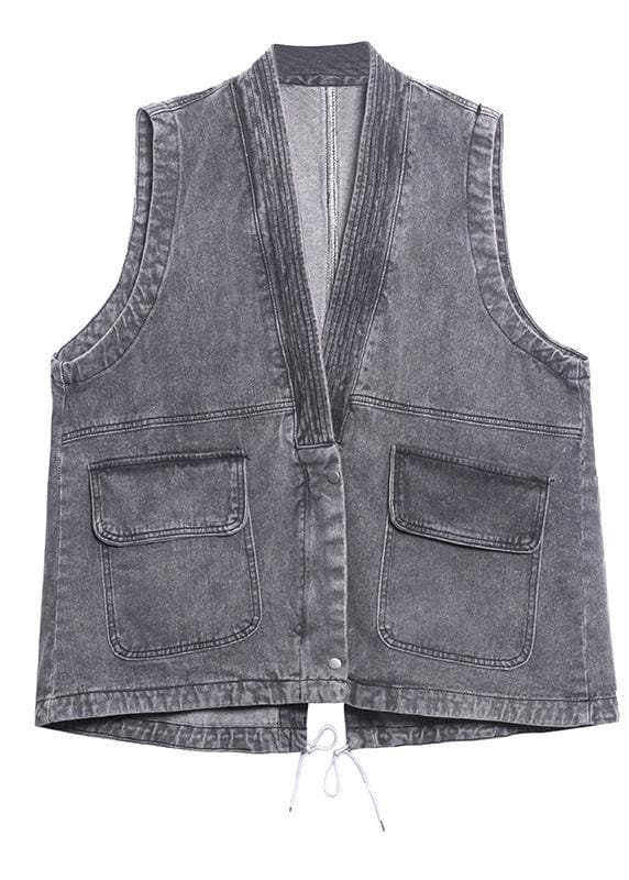 Organic Denim Gray Crane Tops Pockets Spring Tops AT-VTP210127