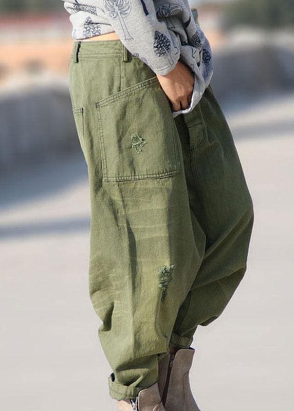 Organic Green Pockets Hole Harem Fall Denim Pants PS-LPTS210908