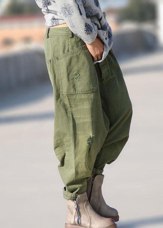 Organic Green Pockets Hole Harem Fall Denim Pants PS-LPTS210908