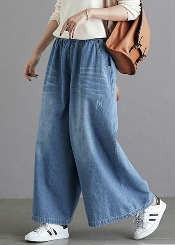 Organic Light Blue Elastic Waist Pockets Cotton Wide Leg Denim Pants Spring NZ-LPTS22060701