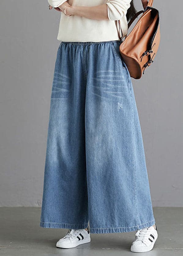 Organic Light Blue Elastic Waist Pockets Cotton Wide Leg Denim Pants Spring NZ-LPTS22060701
