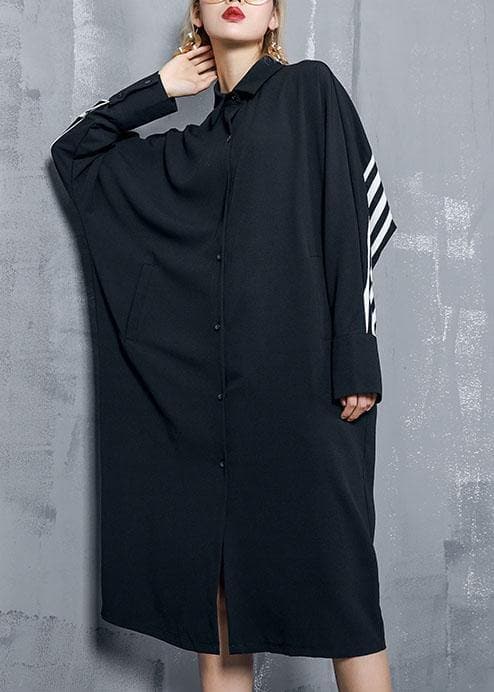 Organic black striped cotton clothes Women lapel Button Art Dresses AT-FDL191120