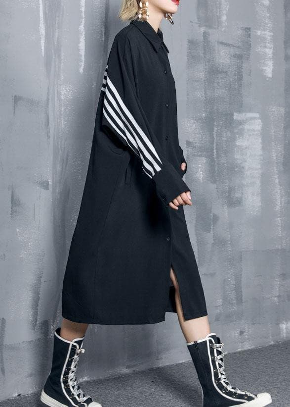 Organic black striped cotton clothes Women lapel Button Art Dresses AT-FDL191120