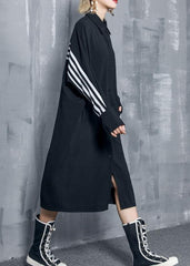 Organic black striped cotton clothes Women lapel Button Art Dresses AT-FDL191120