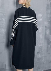 Organic black striped cotton clothes Women lapel Button Art Dresses AT-FDL191120