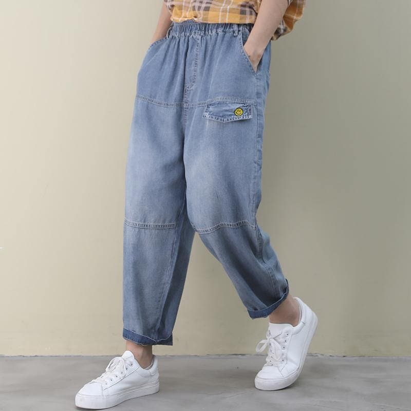 Organic denim blue vintage elastic waist patchwork pants WG-LPTS200601