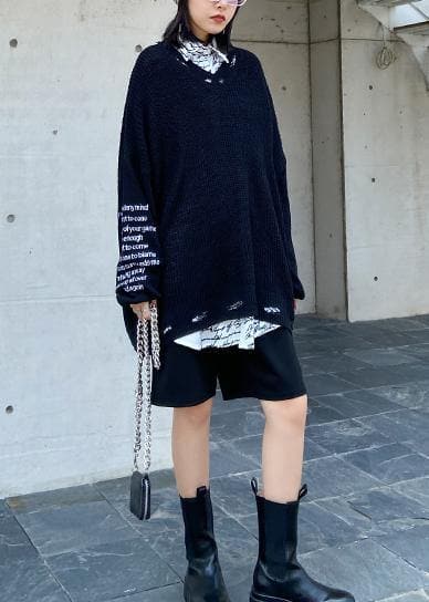 Oversized black Letter knit tops v neck fall fashion sweaters AT-NTP201014