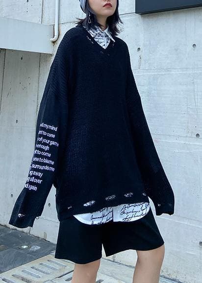 Oversized black Letter knit tops v neck fall fashion sweaters AT-NTP201014
