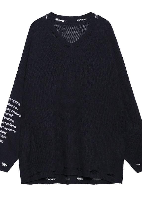 Oversized black Letter knit tops v neck fall fashion sweaters AT-NTP201014