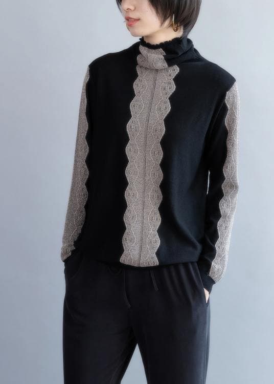 Oversized black knit sweat tops fall fashion high neck knitted t shirt NTP201026