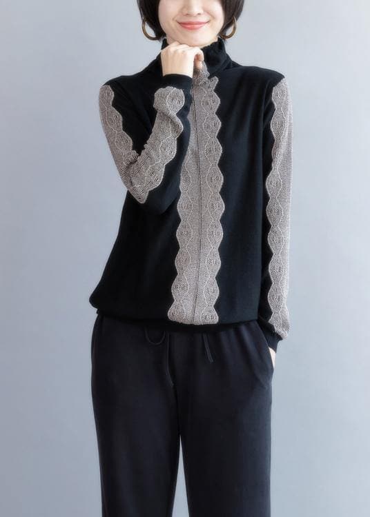 Oversized black knit sweat tops fall fashion high neck knitted t shirt NTP201026
