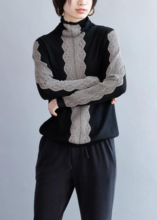 Oversized black knit sweat tops fall fashion high neck knitted t shirt NTP201026