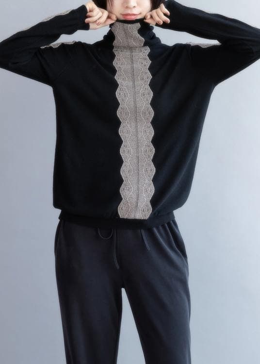 Oversized black knit sweat tops fall fashion high neck knitted t shirt NTP201026