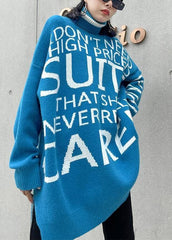Oversized blue Letter knitted t shirt high neck side open knitted blouse AT-NTP201217