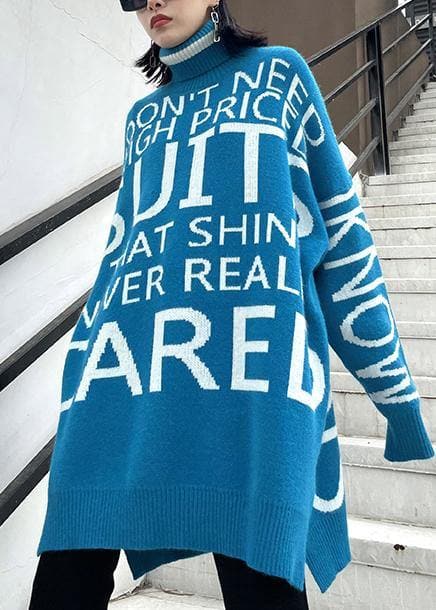 Oversized blue Letter knitted t shirt high neck side open knitted blouse AT-NTP201217