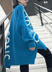 Oversized blue Letter knitted t shirt high neck side open knitted blouse AT-NTP201217