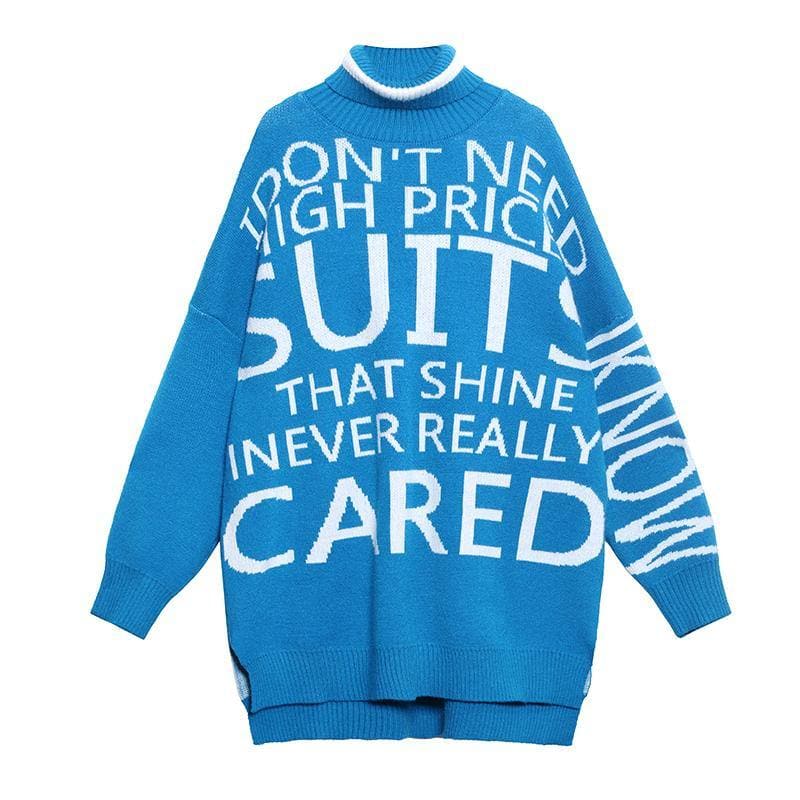 Oversized blue Letter knitted t shirt high neck side open knitted blouse AT-NTP201217