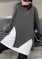 Oversized gray knit sweat tops fall fashion o neck false two pieces crane tops AT-NTP201217