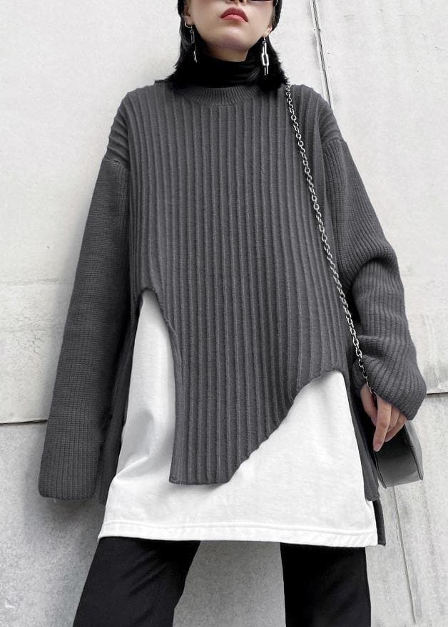 Oversized gray knit sweat tops fall fashion o neck false two pieces crane tops AT-NTP201217