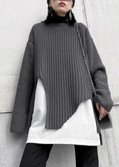Oversized gray knit sweat tops fall fashion o neck false two pieces crane tops AT-NTP201217