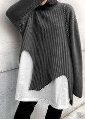 Oversized gray knit sweat tops fall fashion o neck false two pieces crane tops AT-NTP201217