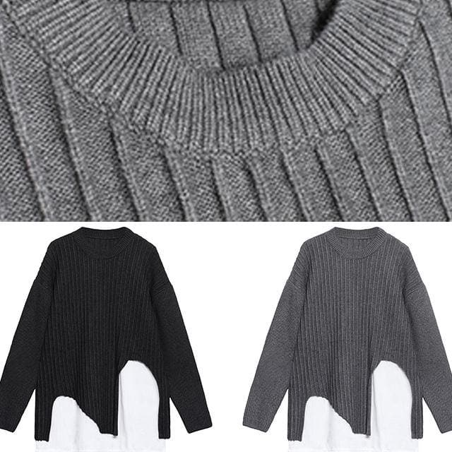 Oversized gray knit sweat tops fall fashion o neck false two pieces crane tops AT-NTP201217