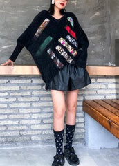Oversized prints black knitted blouse oversize v neck knitted clothes AT-NTP191101