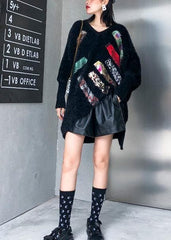 Oversized prints black knitted blouse oversize v neck knitted clothes AT-NTP191101