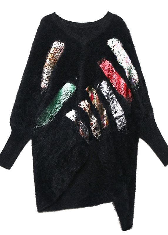 Oversized prints black knitted blouse oversize v neck knitted clothes AT-NTP191101