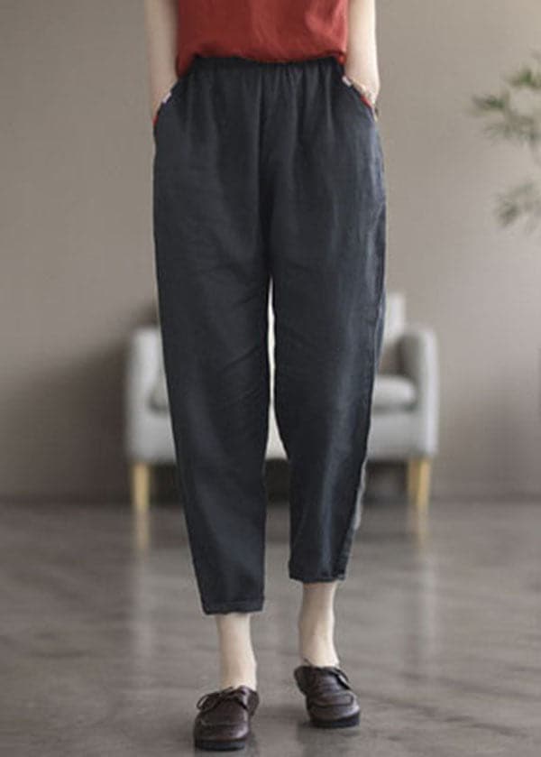 Plus Size Black Solid Pockets Linen Crop Pants Summer GK-CPTS220523