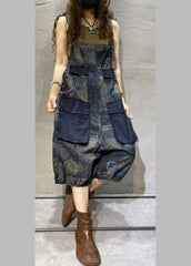 Plus Size Blue Print Oversized Pockets Patchwork Cotton Denim Jumpsuit Summer dylinoshop